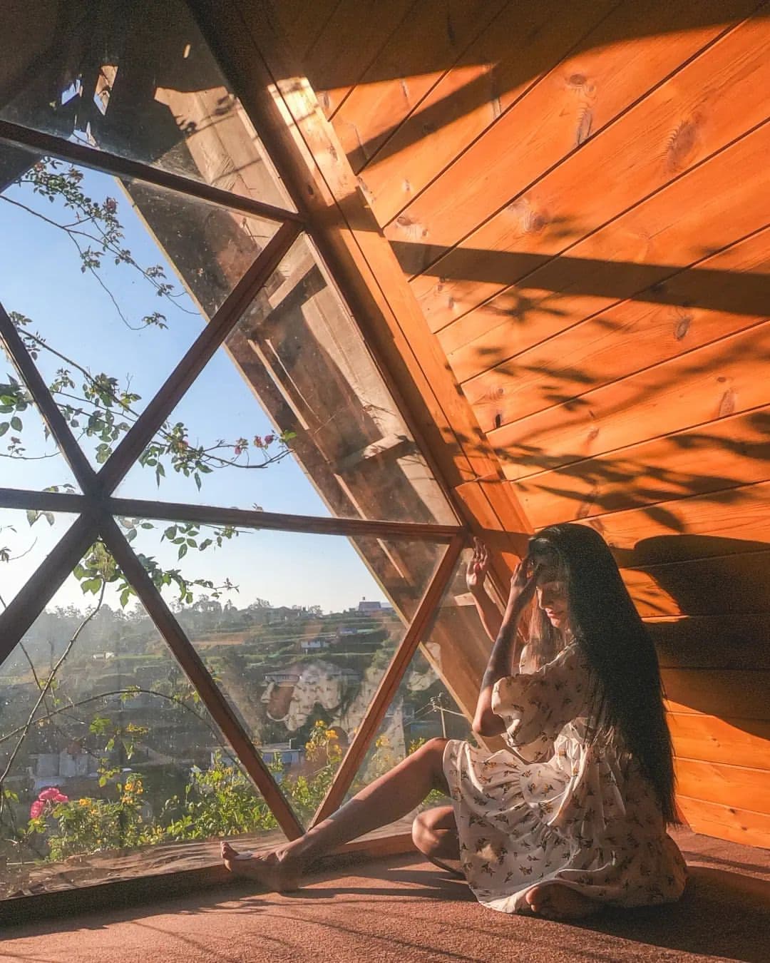 The Vibe cabin — sunlight through the loft's triangular window
